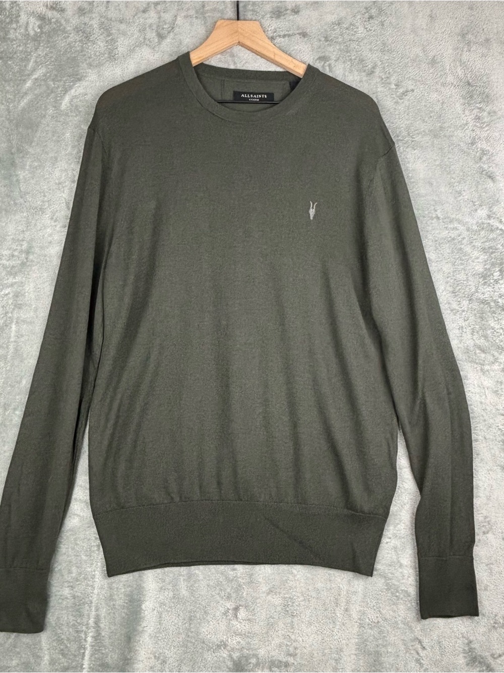 AllSaints Sweater Mens XL Green Nomo Crew Wool Blend Pullover Logo Tight Knit - Picture 2 of 16